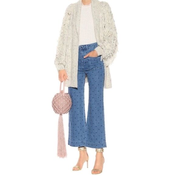 Ulla Johnson Niko Blue Polka-A-Dot Distressed Denim Cropped Wide Leg Jeans - Picture 1 of 16